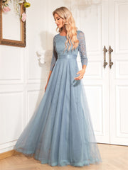 Long Sleeve Backless Lace Tulle Evening Dress