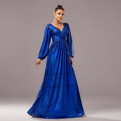 Long Sleeved V Neck Twisted Evening Dress