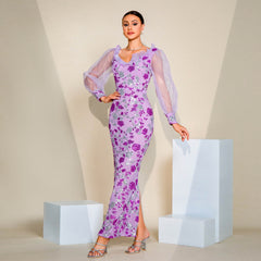 Long Sleeved V Neck Sequined Cocktail Evening Dress