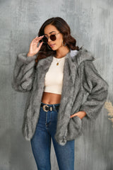 Solid Color Loose Hooded Short Fur Collar Coat