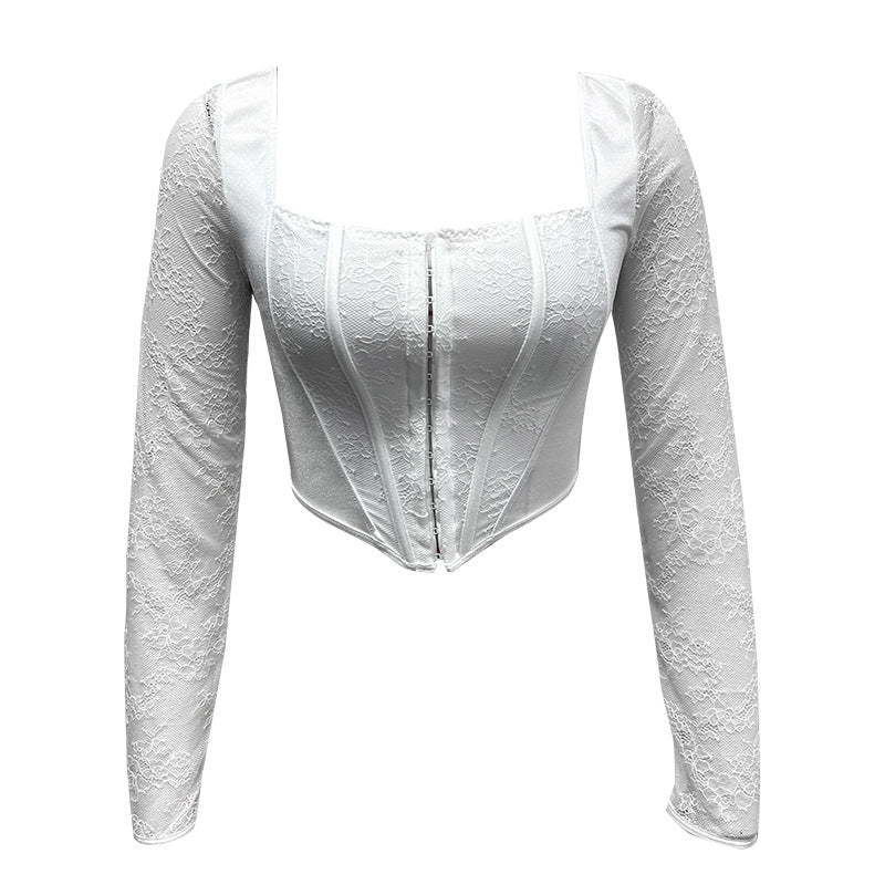 White Lace Sexy Boning Corset Long Sleeve Top