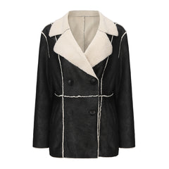 Women Faux Shearling Collared With Velvet Leather Jacket