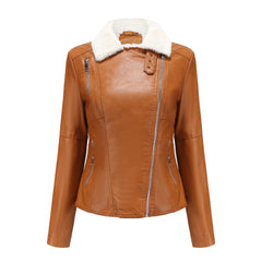 Women Fleece lined Long Sleeve Warm Fur Leather Jacket