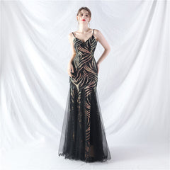 Elegant Sequin V-Neck Mesh Camisole Evening Dress