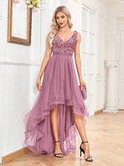 Women Chiffon Double V Neck A Line Sequin Evening Dress