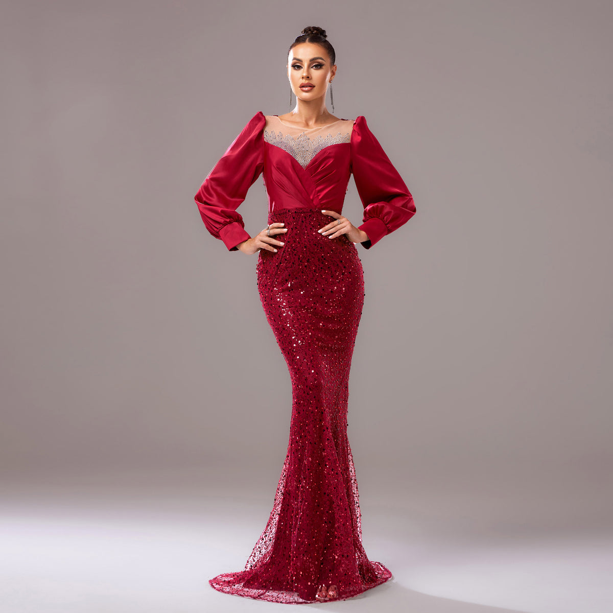 Long Sleeve Round Neck Rhinestone Sequined Evening Dress