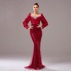 Long Sleeve Round Neck Rhinestone Sequined Evening Dress