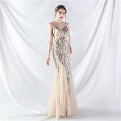 Elegant Sequin V-Neck Mesh Camisole Evening Dress