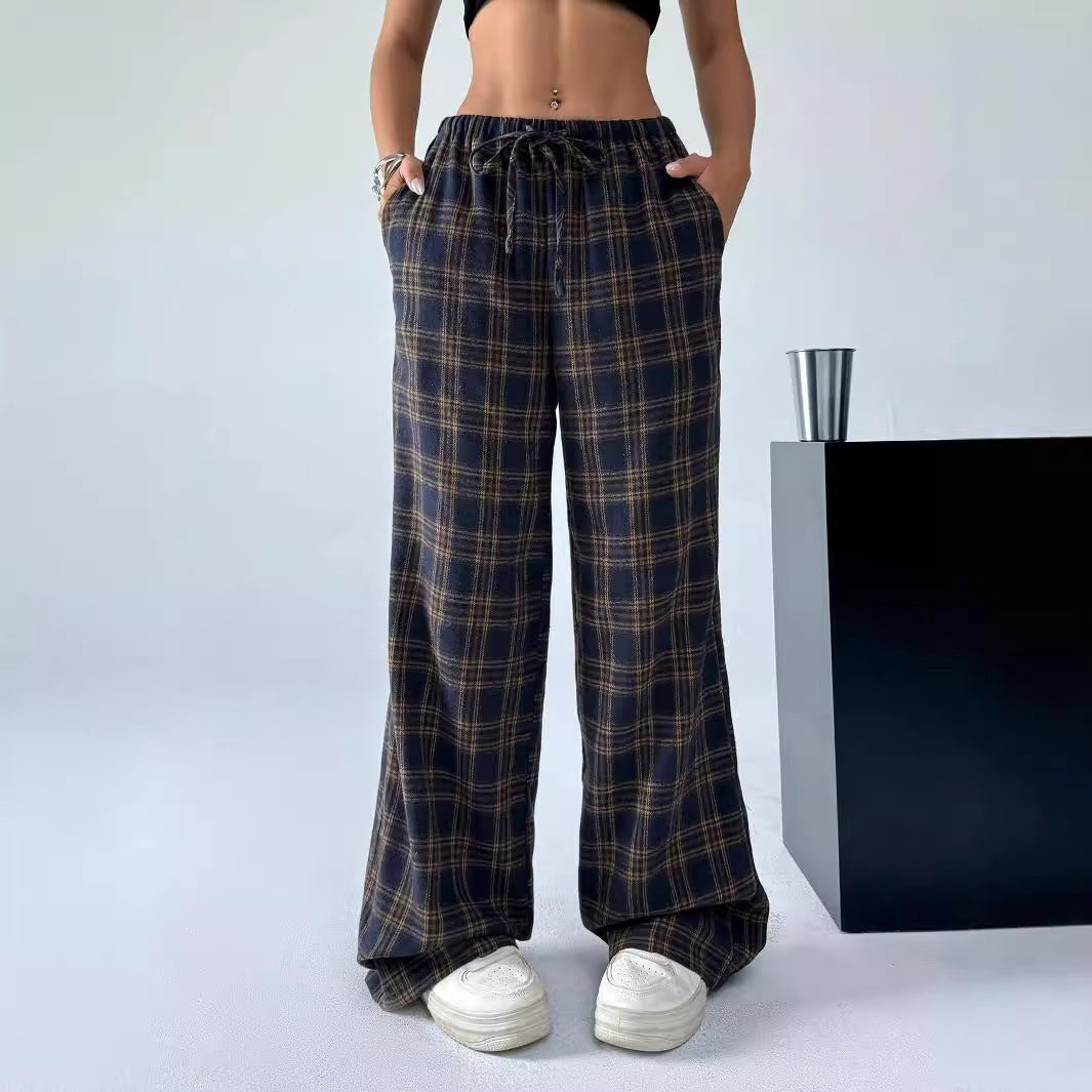 Women Casual Plaid Loose Straight Leg Pants