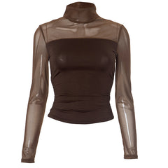 Women Turtleneck Mesh Long Sleeve See through Short Top