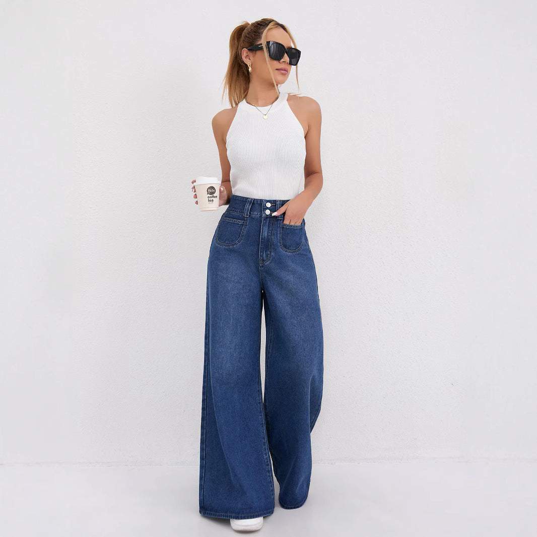 Women Denim High Waist Wide Leg Mopping Jeans