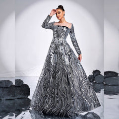 Long Sleeved Round Neck Sequined Evening Dress