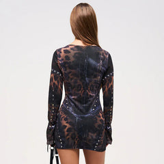 Women Printing Slim Fit Long Sleeve Short Party Dress