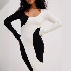 Women Knitted Black White Long Sleeve Sweater Dress