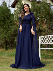 One Shoulder Blue Chiffon Ribbon Fishtail Cocktail Evening Dress