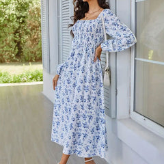 Summer Romantic Square Collar Long Sleeve Slit Floral Dress