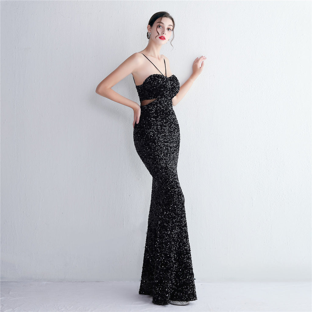 REVCHIC LUXE Elegant Halter Sequin Ruched Maxi Gown