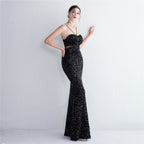 REVCHIC LUXE Elegant Halter Sequin Ruched Maxi Gown