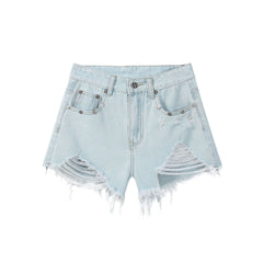 Light Blue Tassel Raw Hem Ripped A line Denim Shorts