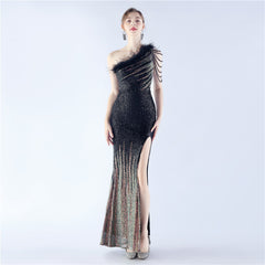 Elegant Gradient Sequin Beaded Feather Evening Dress