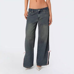 Loose Mid Waist Bow Side Slit Jeans