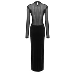 Black Long Sleeve Mesh Velvet Stitching Formal Dress