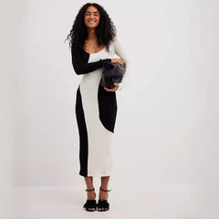 Women Knitted Black White Long Sleeve Sweater Dress