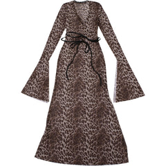 Women Leopard Print Mesh Lace Sexy Long Sleeves Party Dress