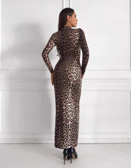 Long Sleeve Leopard Print Stand Collar Formal Dress