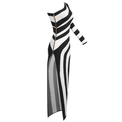 Black White Striped High Slit One Shoulder Day Dress