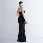 REVCHIC LUXE Elegant Halter Sequin Ruched Maxi Gown