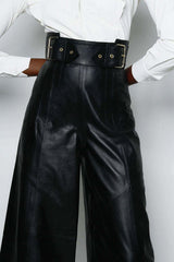 Women High Waist Loose Faux Leather Casual Trousers