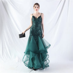 Elegant Mesh Floral Sequin V-Neck Evening Dress