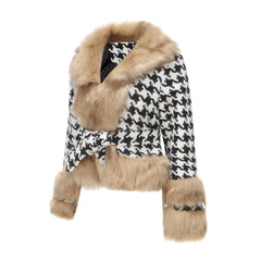 Women Plaid Detachable Short Fur Collar Houndstooth Coat