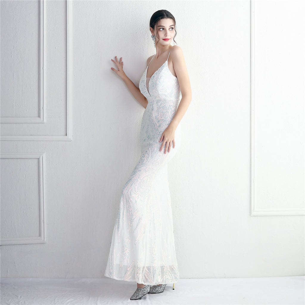 REVCHIC LUXE Elegant V-Neck 3D Floral Sequin Maxi Gown