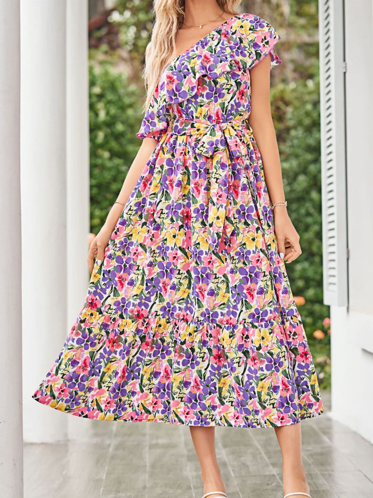 Summer Printed One Shoulder Ruffles Sleeveless Vacation Dress