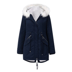 Women Cotton Padded White Fur Collar Hooded Velvet Coat