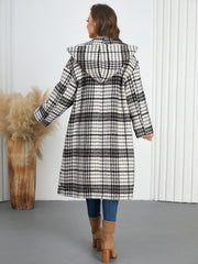 Winter Women Polo Collar Hooded Plaid Long Coat