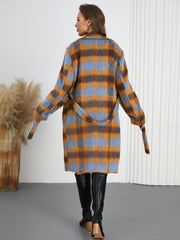 Women Double Breasted Color Contrast Check Woolen Coat