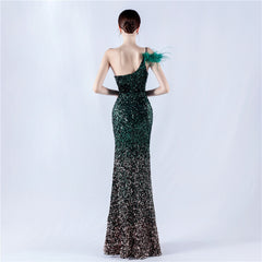 One Shoulder Gradient Velvet Bottom Sequin Feather Evening Dress