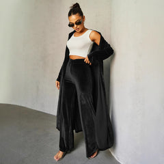 Women Gold Velvet Slim Trousers Cloak Two Piece Set