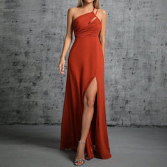 Women Wine Red One Shoulder Split Evening Dress