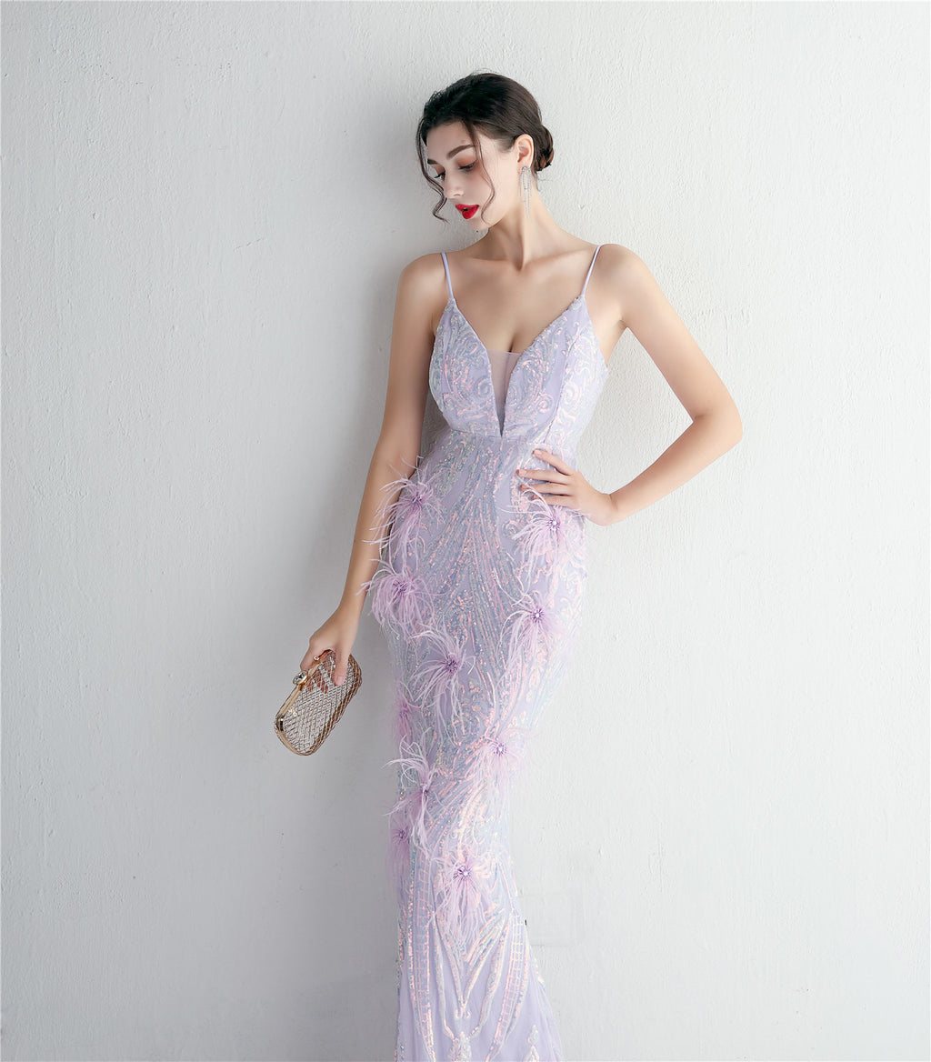 REVCHIC LUXE Elegant V-Neck Feather Sequin Maxi Gown