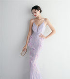 REVCHIC LUXE Elegant V-Neck Feather Sequin Maxi Gown