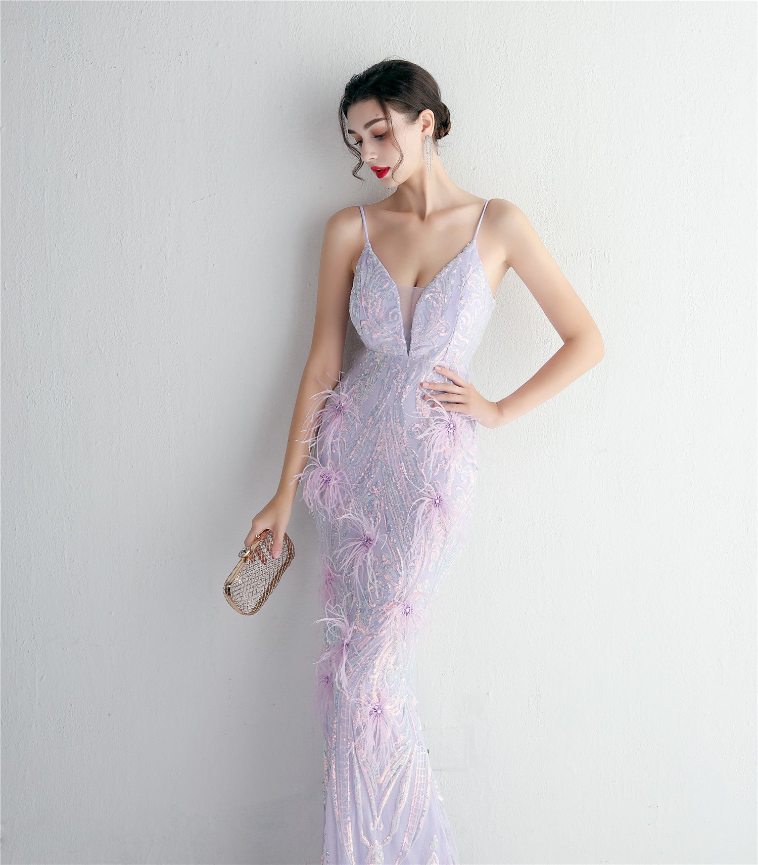 REVCHIC LUXE Elegant V-Neck Feather Sequin Maxi Gown
