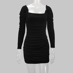 Women Sexy Square Neck Mesh Long Sleeve Party Dress