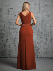 Elegant Brown Slim Fit V Neck Split Formal Dress