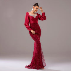 Long Sleeve Round Neck Rhinestone Sequined Evening Dress