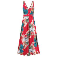 Summer Women V Neck Sleeveless Slit Printed Dress