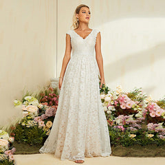 Elegant V neck Slim Fit White A Line Lace Evening Dress